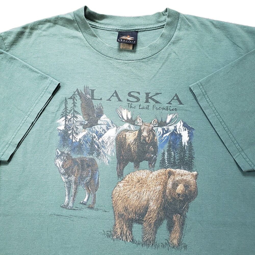 Vintage 90s Prairie Mountain Alaska XL USA Made Mens Green T-Shirt Last Frontier